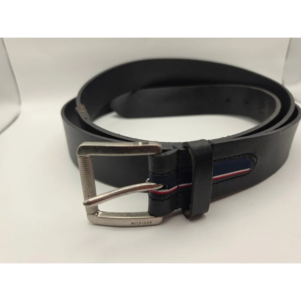Tommy Hilfiger Mens Black Leather Belt Flag Ribbon Detail Silver Buckle 64 inch